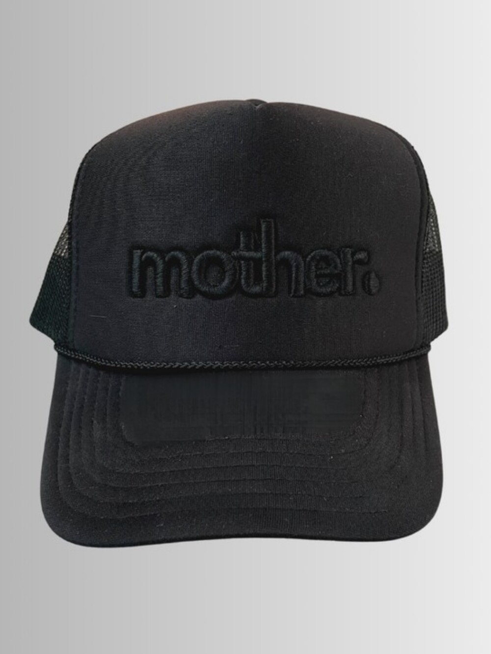 Mother Hats "mother." Embroidered Trucker Hat Black on Black One Size